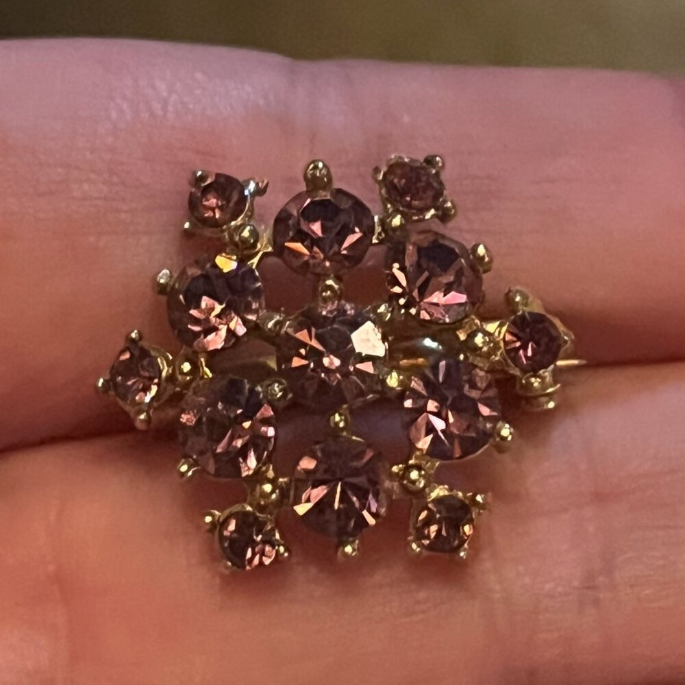 Vintage TINY Pink Rhinestone Gold tone Brooch Star burst
